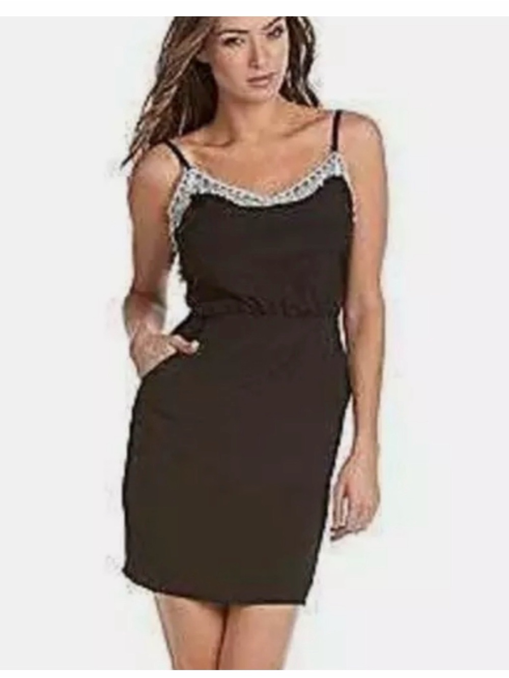 BCBGMaxAzria Black Slip Dress with Lace Trim
